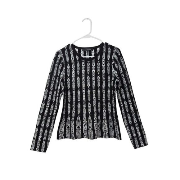 WHBM Black White Womens Vertical Striped Peplum Crew Neck Sweater Size Medium - Picture 2 of 7